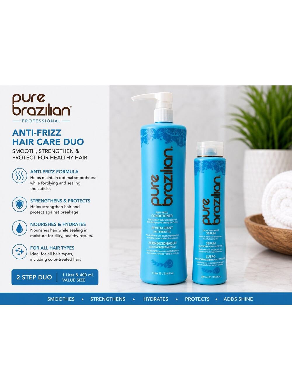 Pure Brazilian Anti-Frizz Conditioner & Daily Serum Duo 1L + 400ml Keratin
